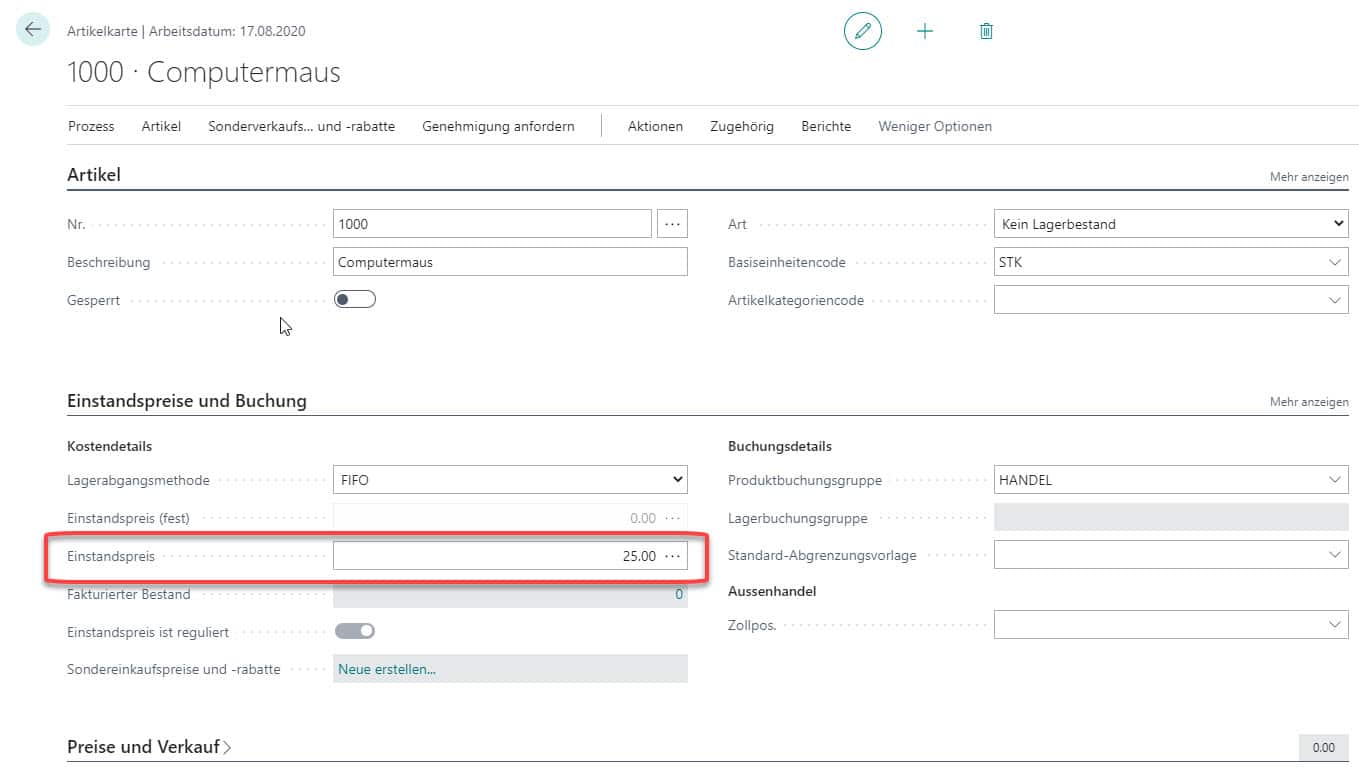 Änderbare Einstandspreise bei Artikel mit der Option "Kein Lagerbestand" oder Service